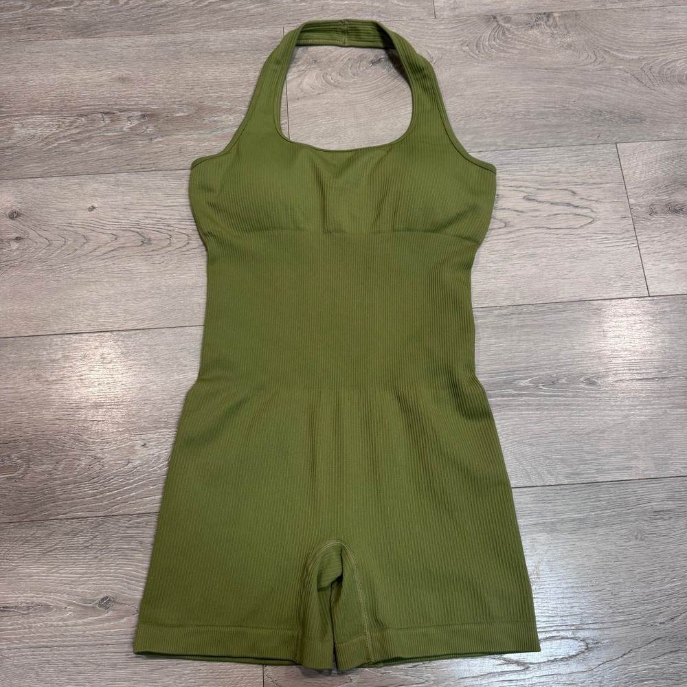 Olive Green Ribbed Halter Neck Activewear Romper Size M Built-in Bra Support